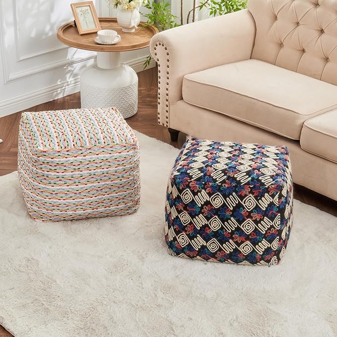 Unstuffed Pouf Ottoman Cover Storage Bean Bag Cube Foot Rest Floral Footstool Floor Pillow Farmhouse Cushion for Living Room, Bedroom, Nursery, Kidsroom, Nook