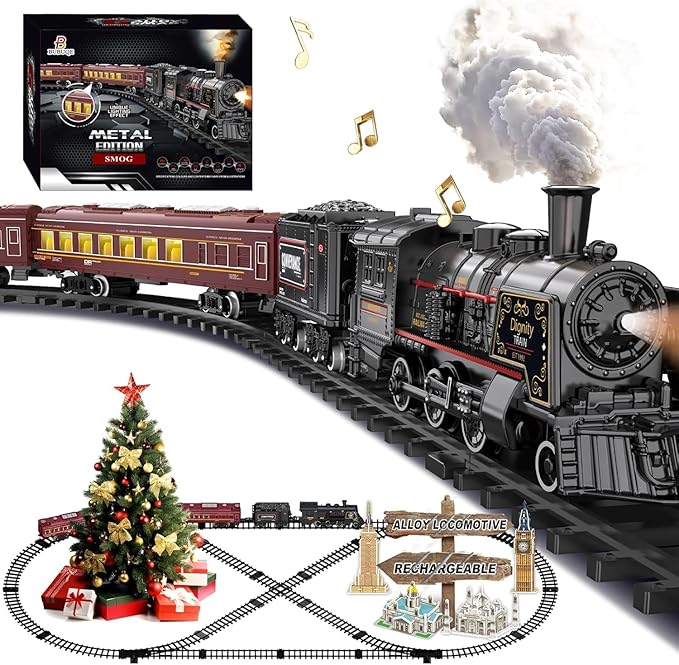 Electric Train Sets for Kids Metal Alloy Christmas Train Toys Steam Locomotive, Glowing Passenger Carriages, Luxury Tracks, Light & Sounds Rechargeable Birthday Gifts for Boys Girls Red …