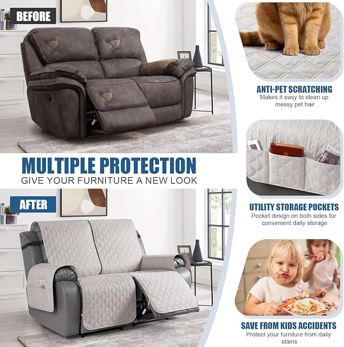 TAOCOCO Loveseat Recliner Cover, 1-Piece Waterproof, Off White, 2 Seater, Soft & Comfortable, Leg Straps, Washable, Couch Protector for Dogs Kids