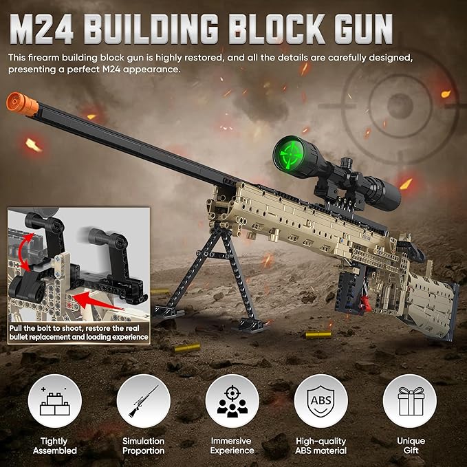 Building Block Gun Model Toys for Adults, 1388 Pcs 1:1 M24 Building Set Guns Model Toys for Adults Boys Teens Age 12+, Christmas and Birthday for Military Enthusiasts