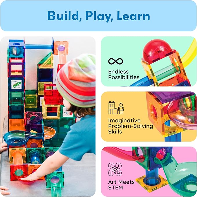 PicassoTiles 70 PCs Marble Run Maze Race Track Magnetic Tiles Magnet Building Block Educational Construction Toy Playset STEM Learning Kit Child Brain Development Hand Eye Coordination Training PTG70