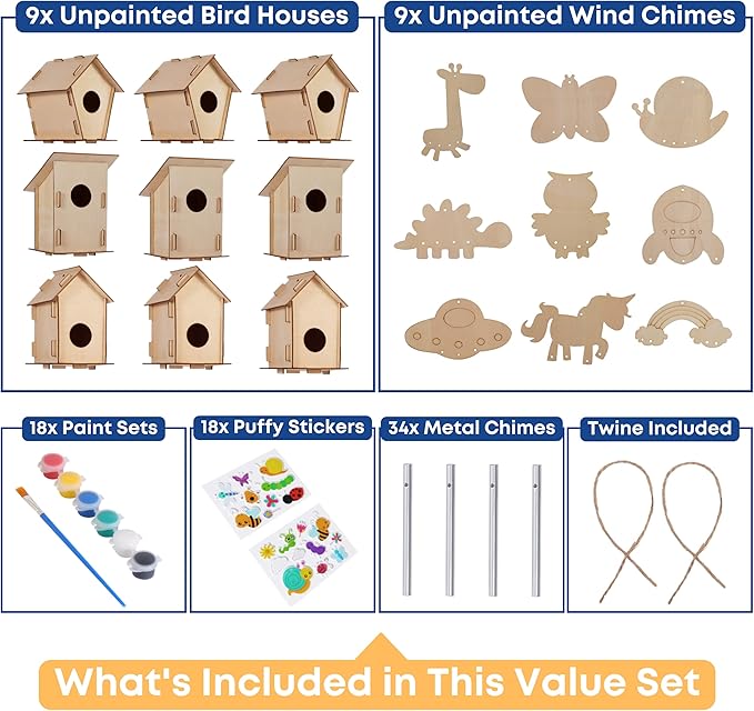 9 Wooden Birdhouses & 9 Wind Chimes -Art & Crafts for Kids Ages 4 5 6 7 8 - Kids Bulk Arts and Crafts Set with Painting Kit -DIY Wood Bird House and Windchimes Kits for Boys Girls to Build & Paint