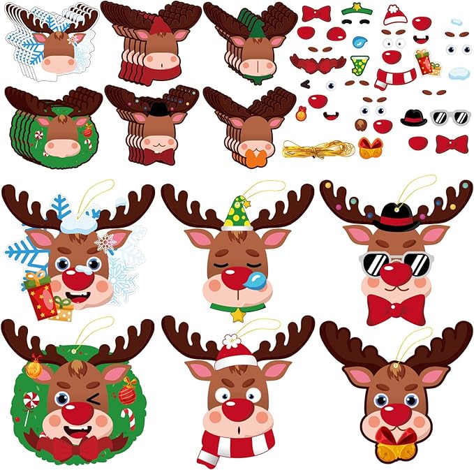 DIY Christmas Reindeer Tree Ornament Craft Kit for Kids Holiday Art Making Craft with Stickers, Make Your Own Xmas Reindeer Christmas Favor Decoration Home Classroom Party Game Activities