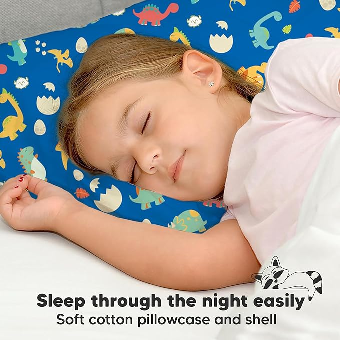 Toddler Pillow with Pillowcase - 13x18 My Little Dreamy Pillow, Organic Cotton Toddler Pillows for Sleeping, Kids Pillow, Travel Pillows, Mini Pillow, Nursery Pillow, Toddler Bed Pillow (DinoWorld)