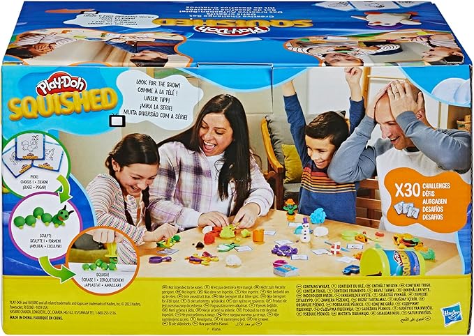 Play-Doh Squished Creative Challenge Set with 4 Activities for Kids 5 Years and Up, 30 Challenge Cards, Mega Can with 8 Modeling Compound Colors