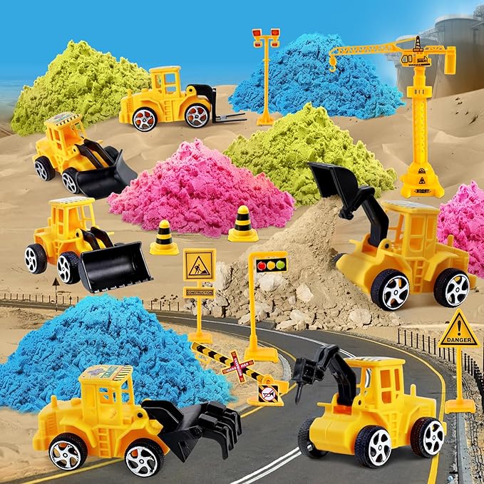ESSENSON Sensory Bin - Play Sand Kit with Construction Set Toy Truck and 4lbs Magical Sand, Pretend Play Beach Sensory Toy Sandbox, Kids Gifts for Girls and Boys