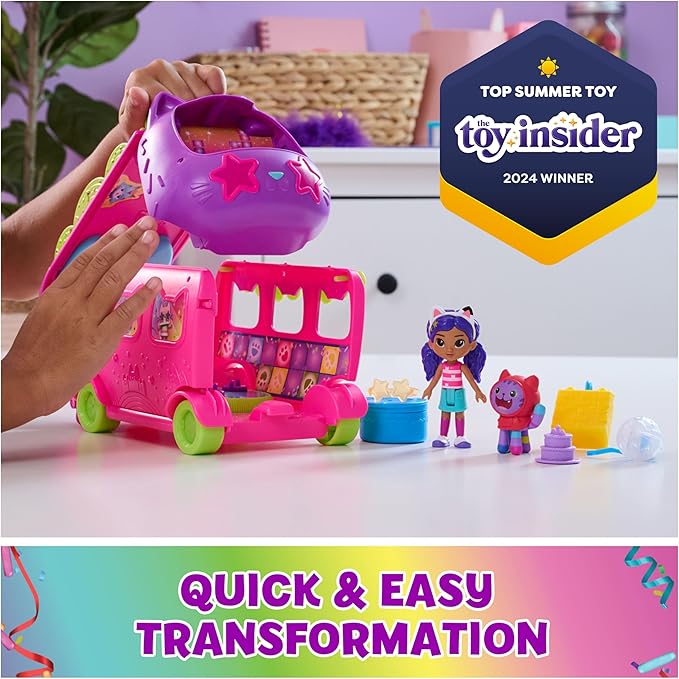 Gabby's Dollhouse Celebration Party Bus, Transforming Playset with Gabby & DJ Catnip Toy Figures & Dollhouse Accessories, Kids Toys for Ages 3 and Up
