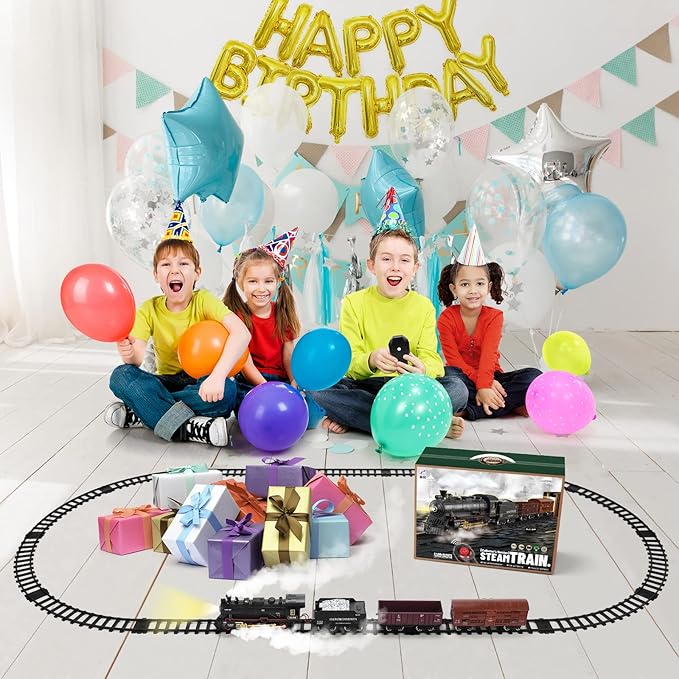 Train Set with Remote Control,Electric Train Track Around Christmas Tree W/Cargo Vehicle,Light & Sounds,Alloy Steam Locomotive Engine Train Toy Gift for Boys Girls 4 5 6 7 8 9 10