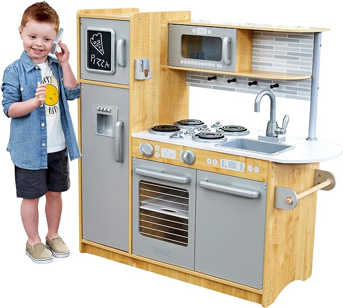 KidKraft Uptown Natural Wooden Play Kitchen with Play Phone, Chalkboard & Towel Rack, Gift for Ages 3+