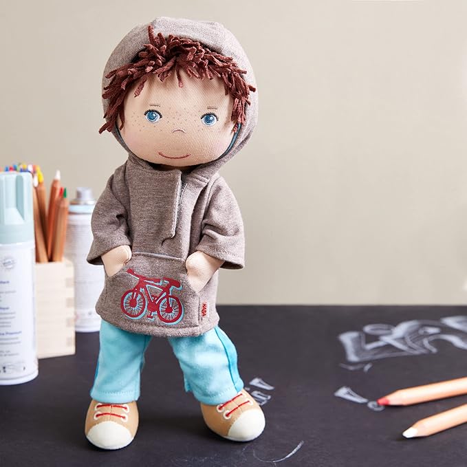 HABA Lian 12" Soft Boy Doll with Brown Hair, Blue Eyes and Embroidered Face (Machine Washable)