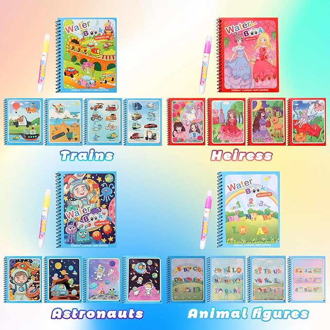 XBagSJ 8 Pack Reusable Water Coloring Books for Toddlers, Paint with Water Books,Mess-Free Coloring Book, Portable Educational Doodle Drawing Toy, Improving Children's Imagination, Color Perception