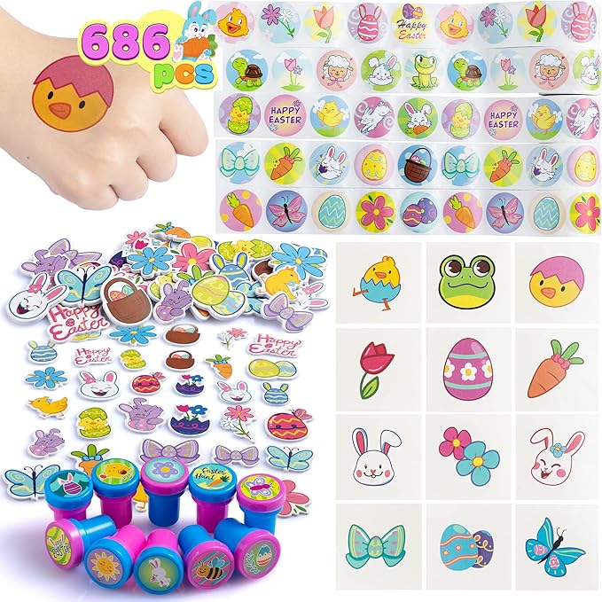 JOYIN 686 Pcs Easter Craft Kits with Assorted Stickers, Foam Stickers, Stampers and Temporary Tattoos for Kids Party Favors, Easter Crafts & Basket Stuffers and Classroom Homeschool Art Decor