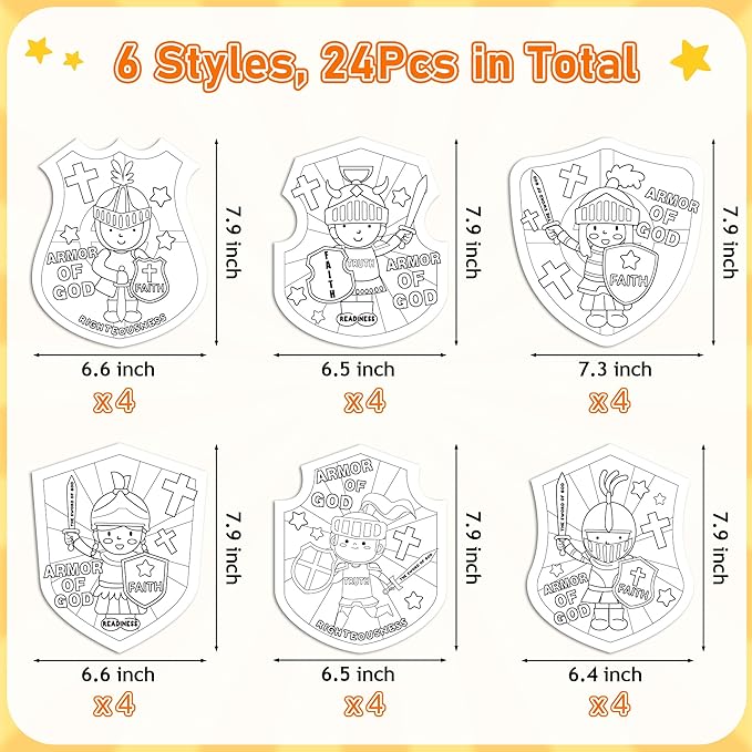 Dvbonike 24Pcs Sunday School Crafts for Kids Color Your Own Armor of God Craft Kit Religious Christian Coloring Card Soldier with Shield and Sword Drawing Party Gifts VBS Home Classroom Decor Supplies
