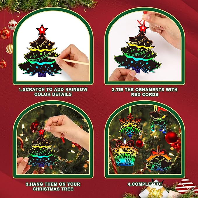 FEBSNOW Christmas Crafts for Kids, Magic Rainbow Christmas Scratch Art Paper Cards Christmas Tree Hanging Ornaments Christmas Gifts for Kids Holiday Party Favors Games (Christmas)