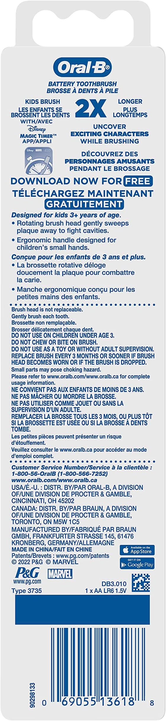 Oral-B Kid's Battery Toothbrush Featuring Marvel's Avengers, Soft Bristles, for Kids 3+ (Character May Vary) (Pack of 2)