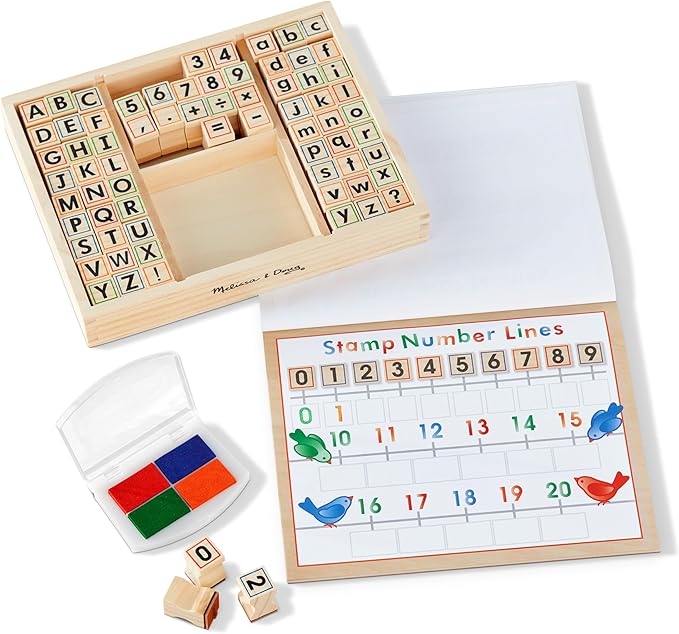 Melissa & Doug Deluxe Letters and Numbers Wooden Stamp Set ABCs 123s With Activity Book, 4-Color Stamp Pad ABC Stamps, Kids Arts & Crafts, Letter Stamps, For Kids Ages 4+ - FSC-Certified