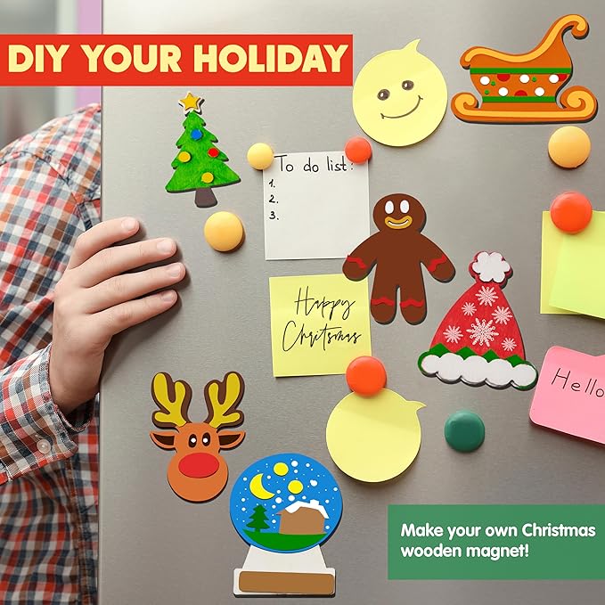 JOYIN 14 Christmas Wooden Magnet Creativity Arts & Crafts Painting Kit Decorate Your Own for Kids Paint Gift, Birthday Parties and Family Crafts, Holiday Stuffers(Age 8+)