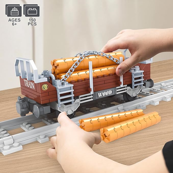 Finger Rock City Freight Train Car Building Toy Sets, Classic Wooden Carriage Cargo Train Model, 150 Pcs MOC Construction Toys for Train Lovers,STEM Gifts for Boys Girls 6 7 8+