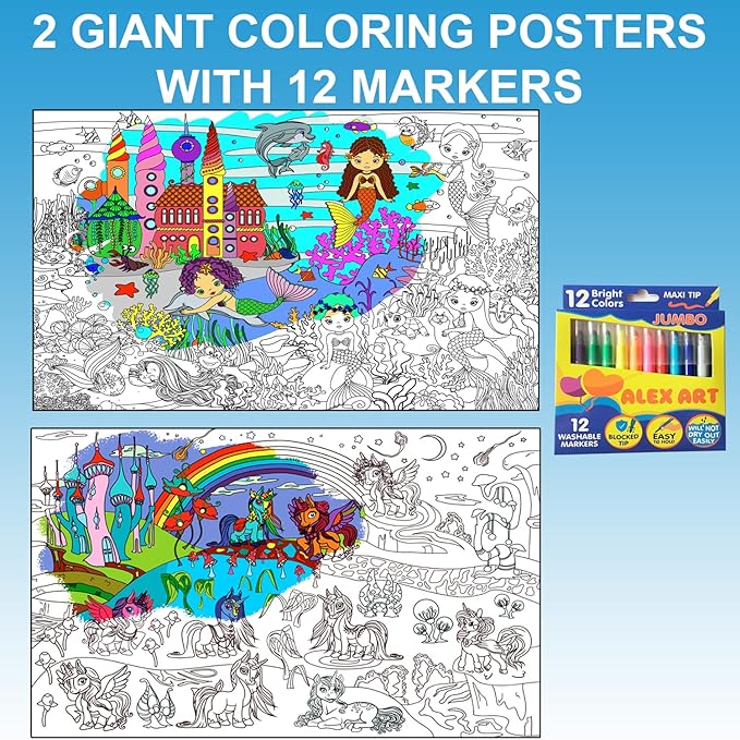 Set of 2 Giant Coloring Posters for Kids with Markers - Unicorn & Mermaid Coloring Poster - Wall Poster Coloring Sheet - Extra Large Coloring Pages for Girls - Jumbo Coloring Huge Big Poster Size
