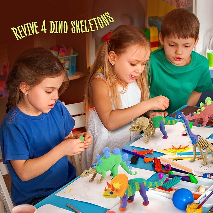 Dino Models, Clay Craft Kit - Dinosaur Arts and Crafts for Kids - Easter Gifts for Boys & Girls - Build 4 Dinos with Air Dry Magic Modeling Model Set Ages 3, 4, 5, 7, 8+ Boy or Girl