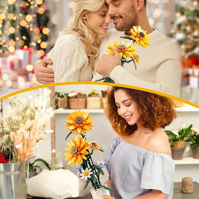 Bentex Sunflower Building Block Set, Beautiful Flower Bouquet with Vase for Adults Teens, Gift for Birthday Anniversary for Her & Him, Vibrant Home Decor for Flower Lovers (821pcs)