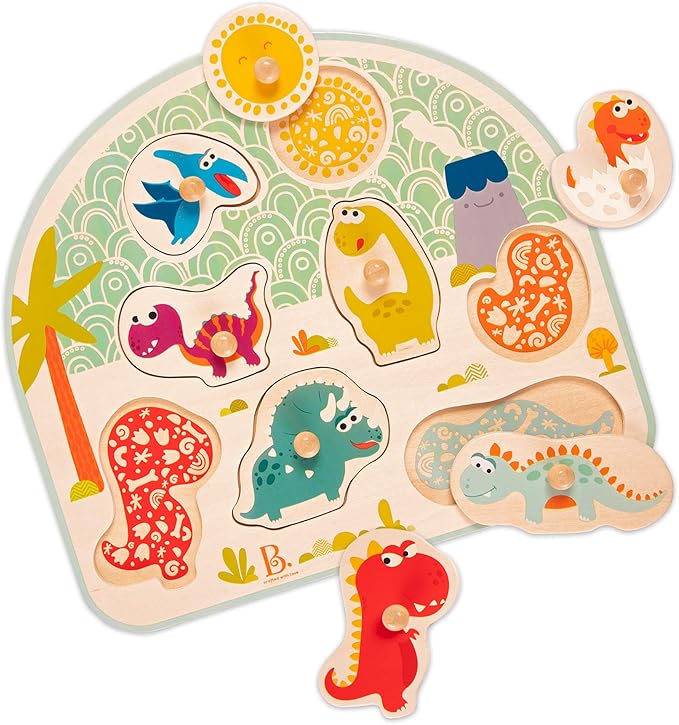 B. toys- Stomping Dinos- Wooden Peg Puzzle – Dinosaur Puzzle – 8 Pieces – Classic Toys for Toddlers, Kids – 18 Months +