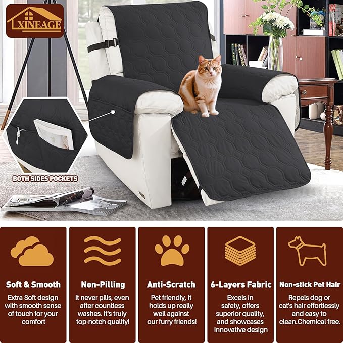 XINEAGE 100% Waterproof Recliner Chair Cover, Non Slip Covers for Recliner Chair with Pocket, Washable Dog Recliner Couch Cover with Elastic Straps (Black, 28")
