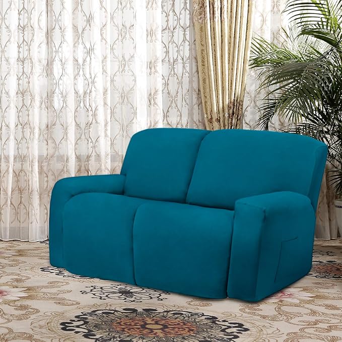 Easy-Going 6 Pieces Microfiber Stretch Sectional Recliner Sofa Slipcover Soft Fitted Fleece 2 Seats Couch Cover Washable Furniture Protector with Elasticity for Kids(Recliner Loveseat, Peacock Blue)