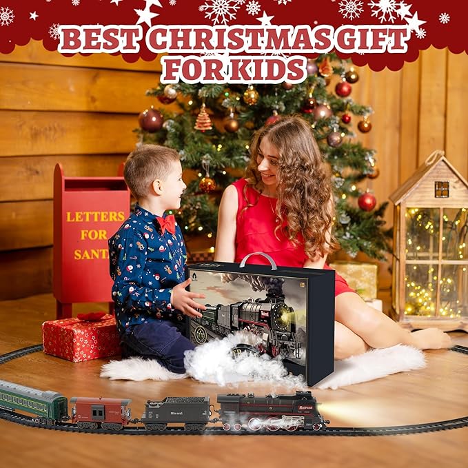 Train Set with More Tracks & Carriages, Luxury Train Toys with Smoke, Light and Sound, Christmas Train Sets for Around The Tree, Toy Train Set for 3 4 5 6 7 8+ Years Old Boys Toddlers Gifts
