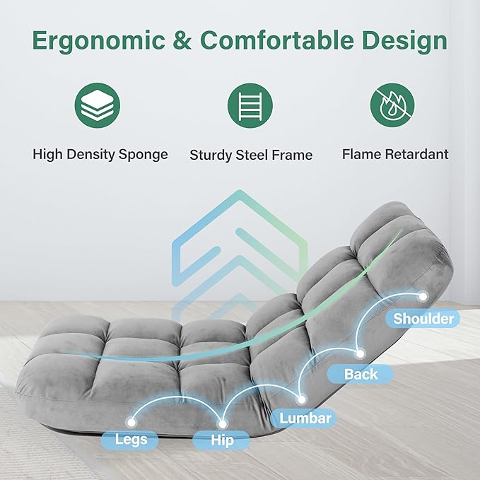 YSSOA Floor Chair Folding with Back Support Convertible Comfy Chair Memory Foam Padded Sleeper Recliner Sofa Chair Gaming Chair Floor for Bedroom Working Meditation Reading Adults Kids Grey