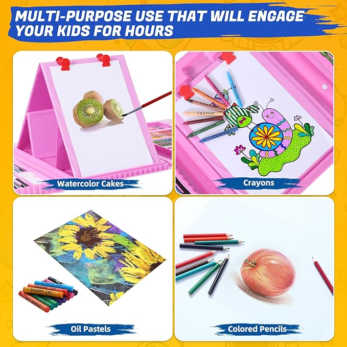 All in One Art Supplies, Art Kit Includes Easel, Origami Paper, Colored Pencils, Crayons, Drawing Book, Coloring Book, Watercolor Pens, Markers and Oil Pastels, Gifts for Girls Boys Teens, Pink