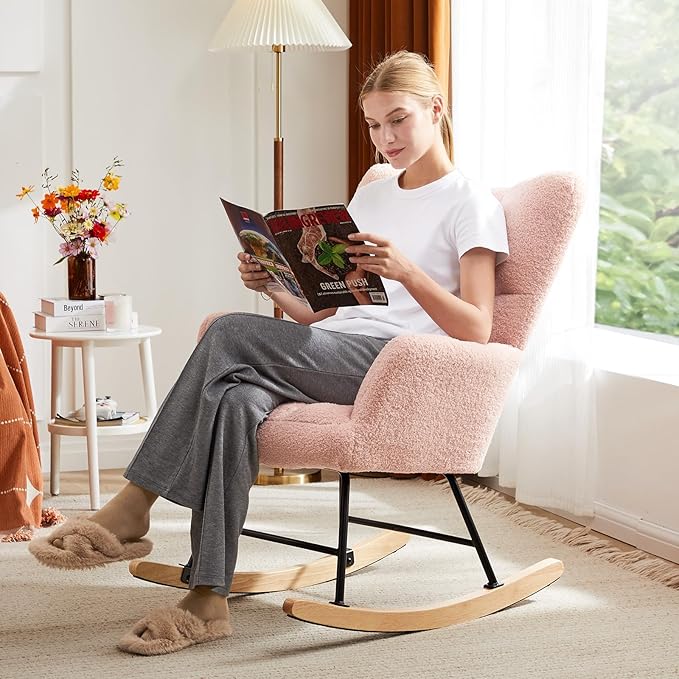 Sweetcrispy Rocking Chair Nursery, Teddy Upholstered Glider Rocker with High Backrest, Reading Chair Modern Rocking Accent Chairs Glider Recliner for Living Room, Nursery, Bedroom