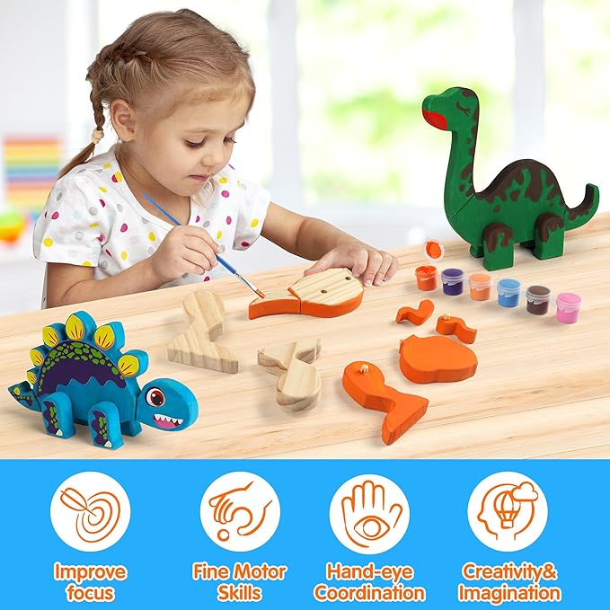 Mocoosy Wooden Dinosaur Painting Art Craft Kit for Kids 3-5, Wood Take Apart Dinosaur Snap Together Building Toy, Build Your Own Dinosaur with Paint and Stickers STEM Game Creative Gift for Boys Girls