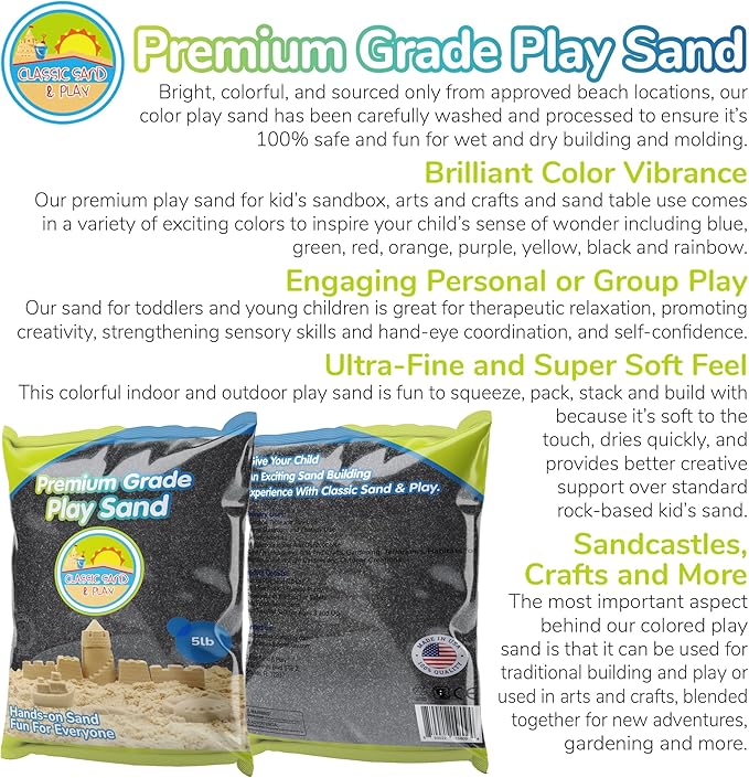 Classic Sand and Play Black Colored Play Sand, 5 lb. Bag, Natural and Non-Toxic, Fun Wet and Dry Indoor and Outdoor, Sandbox, Therapy, and Table Use, Building, Stimulate Sensory Needs