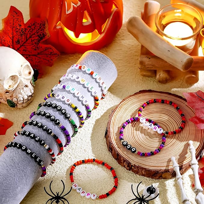 Cunno 36 Pcs Kids Friendship Bracelets for Girls Letter Heart Beads Bracelets Stretchy Cute Bracelet Pretend Play Beaded Bracelets Inspirational Bracelets for Kids (Spooky Style)