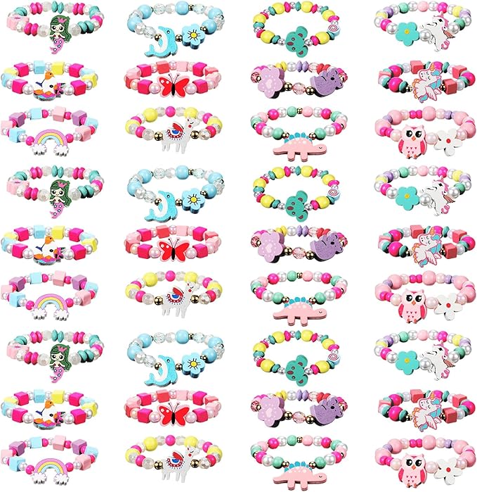 Cunno 36 Pcs Kids Friendship Bracelets for Girls Letter Heart Beads Bracelets Stretchy Cute Bracelet Pretend Play Beaded Bracelets Inspirational Bracelets for Kids (Animal Style)