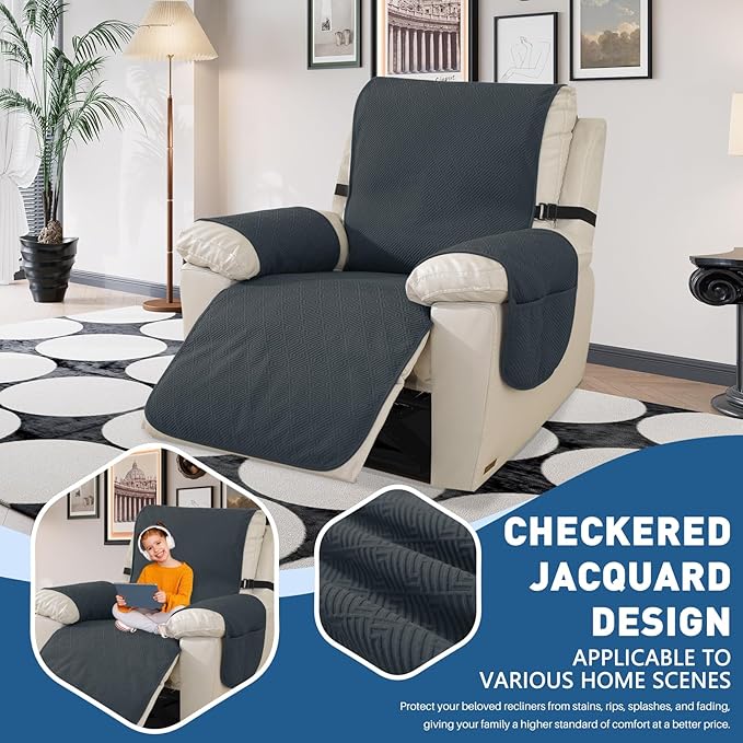 Easehomey Waterproof Recliner Chair Cover, Non-Slip Recliner Cover with Elastic Straps Two Pockets Slipcover Washable Oversized Reclining Chair Cover Furniture Protector for Kids,Pets (Dark Grey,28")
