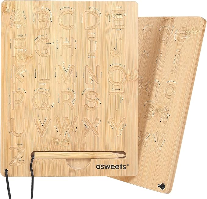 Asweets Montessori Wooden Alphabet Tracing Board, Wood Letter Practicing Board,Double-Sided Boards for Toddlers and Preschool Gifts for Kids(2 Piece)