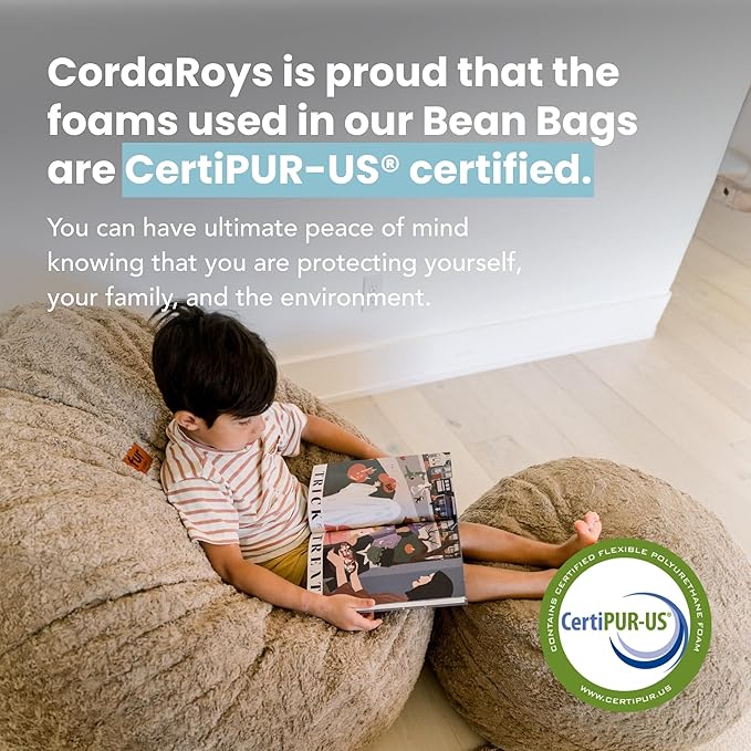 CordaRoy's Faux Fur Bean Bag Pouf Footstool - Washable Fabric Ottoman Cover with Durable Foam Insert - Versatile Footrest for Basement, Living Room, Office - 26" x 17" - White