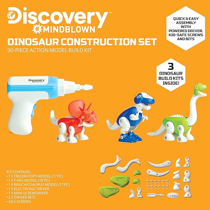 DISCOVERY #MINDBLOWN Dinosaur Construction Set, 90-Piece Action Model Build Kit, Kid-Safe Electronic Tools & Screws, Create T-Rex Triceratops, Prehistoric Monster Learning STEM Toy For Paleontologists