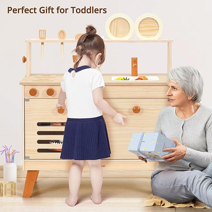 PairPear Play Kitchen for Kids, Wooden Toys Play Kitchen Sets with Toy Play Food Plates and Dishes, Larage Toy Storage System Kids Play Kitchen Accessories Designed Toys Gift for Age 3+