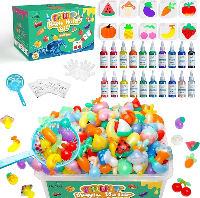 Magic Water Elf Toy Kit, Aqua Fairy Water Gel Kit with 20 Magic Gels, 10 Fruit & Vegetable Molds. Christmas Gifts, Birthday Gifts, Party Favors, Arts & Crafts DIY STEM for Kids (20 Colors)