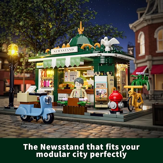 FUNWHOLE Newsstand Lighting Building Bricks Set - City Town Life Newsstand LED Light Construction Building Model Set 556 Pcs for Adults and Teen