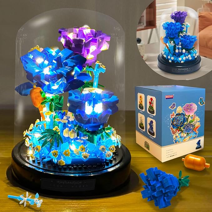 Topdear Flower Bouquets Building Sets with LED String Light and Dust Cover, 630 Pcs Blue Rose Bouquet Building Block Gifts for Mothers Day, Valentines Day, Birthday, Anniversary, Christmas