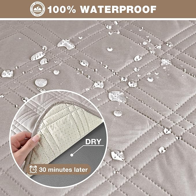 TAOCOCO 100% Waterproof Loveseat Recliner Cover, Non Slip Split Loveseat Covers for Reclining Loveseat with Elastic Straps, Washable Recliner Chair/Furniture Protector for Kids Pets(2 Seater, Cream)