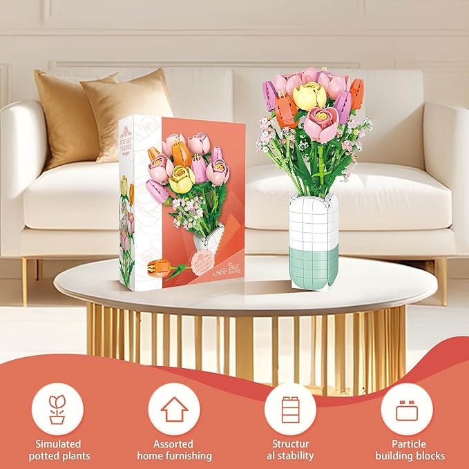Flowers Bouquet Building Set Tulips Camellia with Vase for Adult -1011pcs Compatible with Lego