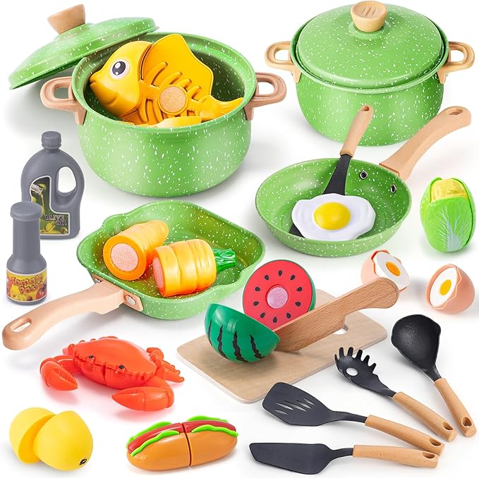 Play Kitchen Accessories Play Food Set for Kids, Stainless Steel Pots and Pans Cooking Set for Toddlers Pretend Food Toys, Kitchen Playset for Kids Ages 4-8 Birthday for Boys and Girls