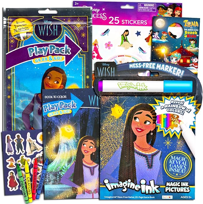 Disney Wish Coloring and Activity Book Set - Bundle with Asha and Star Imagine Ink, Play Pack, Stickers, More | Disney Wish Grab n Go Set for Kids