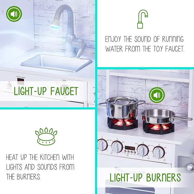 Lil' Jumbl Kids Kitchen Set, Pretend Wooden Play Kitchen, Battery Operated Icemaker, Burners, Faucet & Microwave Makes Realistic Sound & Light, Pots & Pan Included - White
