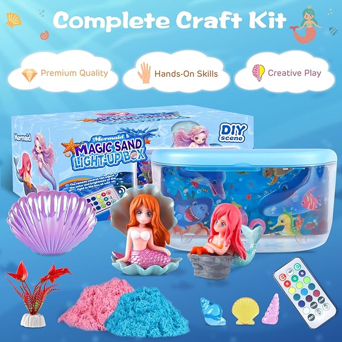 Mermaid Terrarium Light Up Kit for Kids - Birthday Gift for Girls 4-5-6-7-8-11 Year Old, DIY Mermaid Craft Toy with LED Night Light & Remote - Creative Arts and Crafts Gift for Girls Ages 4-12